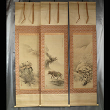 Load image into Gallery viewer, Imao Keinen (1845-1924),Remaining Snow Scene, Cowherd Boy Scene, and Plum Grove Scene, 1895, Japanese hanging scroll