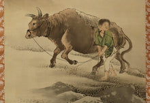 Load image into Gallery viewer, Imao Keinen (1845-1924),Remaining Snow Scene, Cowherd Boy Scene, and Plum Grove Scene, 1895, Japanese hanging scroll