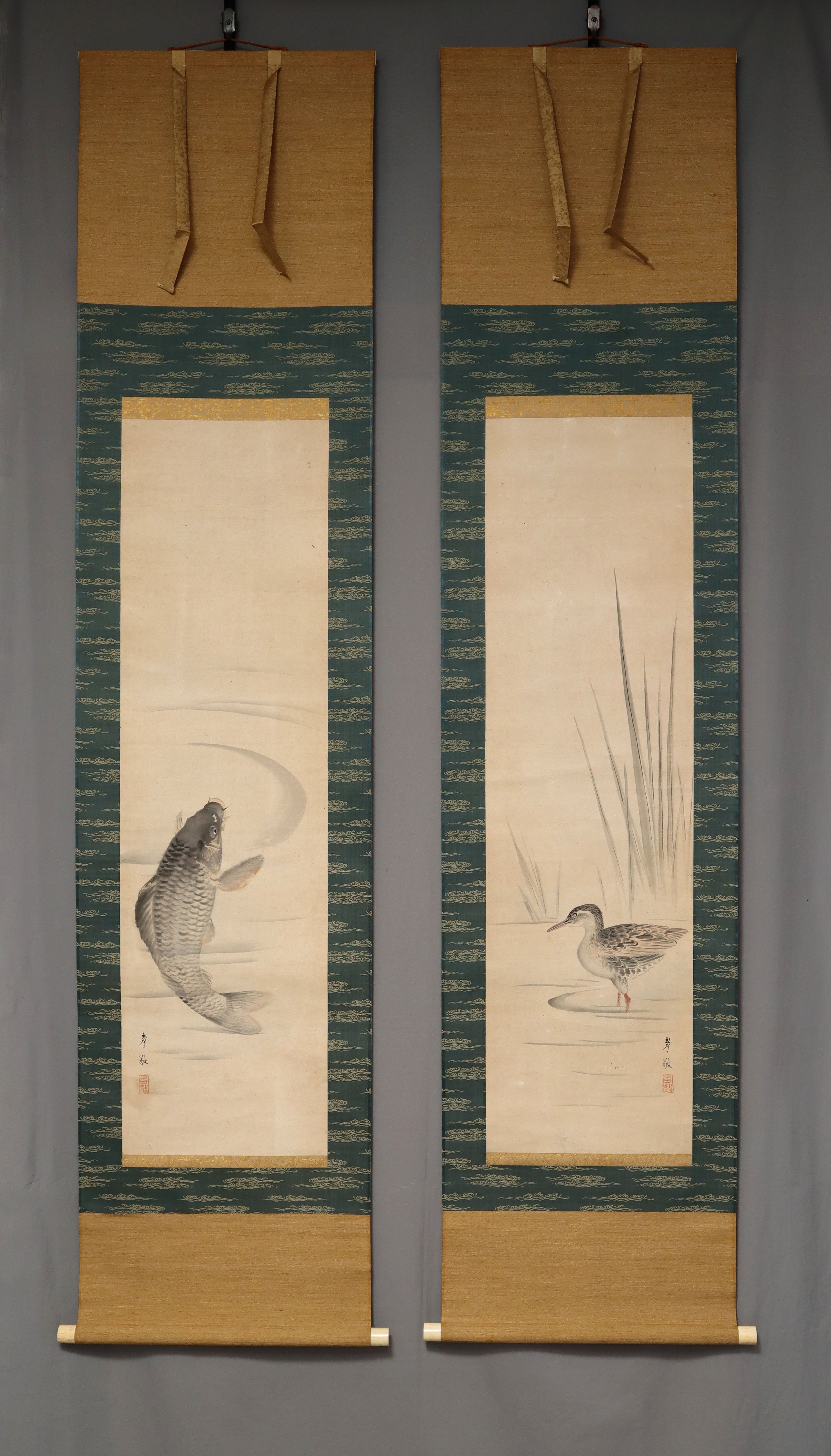 Yoshimura Koukei (1769-1836), Pair Hanging Scroll Carp and Small
