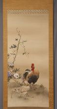 Load image into Gallery viewer, Tomoda Yasukiyo (1862-1918) "Morning glory and two chickens" Meiji-Taisho era, Japanese hanging scroll, kakejiku