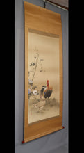 Load image into Gallery viewer, Tomoda Yasukiyo (1862-1918) "Morning glory and two chickens" Meiji-Taisho era, Japanese hanging scroll, kakejiku