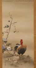 Load image into Gallery viewer, Tomoda Yasukiyo (1862-1918) "Morning glory and two chickens" Meiji-Taisho era, Japanese hanging scroll, kakejiku