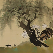 Load image into Gallery viewer, Hashimoto Ryoka (?-?), Ox on a Spring Embankment / Angler by a Summer Stream, Japanese hanging scroll, kakejiku
