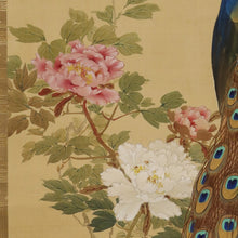 将图片加载到图库查看器，Hirai Chokusui  (1861-?) ,Peonies and Peacock, Japanese hanging scroll, kakejiku
