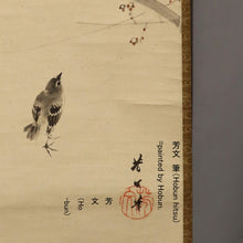 Afbeelding in Gallery-weergave laden, Kikuchi Hobun (1862-1918) Japanese apricot and Japanese bush warbler, Taisho era, Japanese hanging scroll, kakejiku
