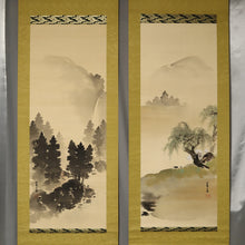 Load image into Gallery viewer, Hashimoto Ryoka (?-?), Ox on a Spring Embankment / Angler by a Summer Stream, Japanese hanging scroll, kakejiku
