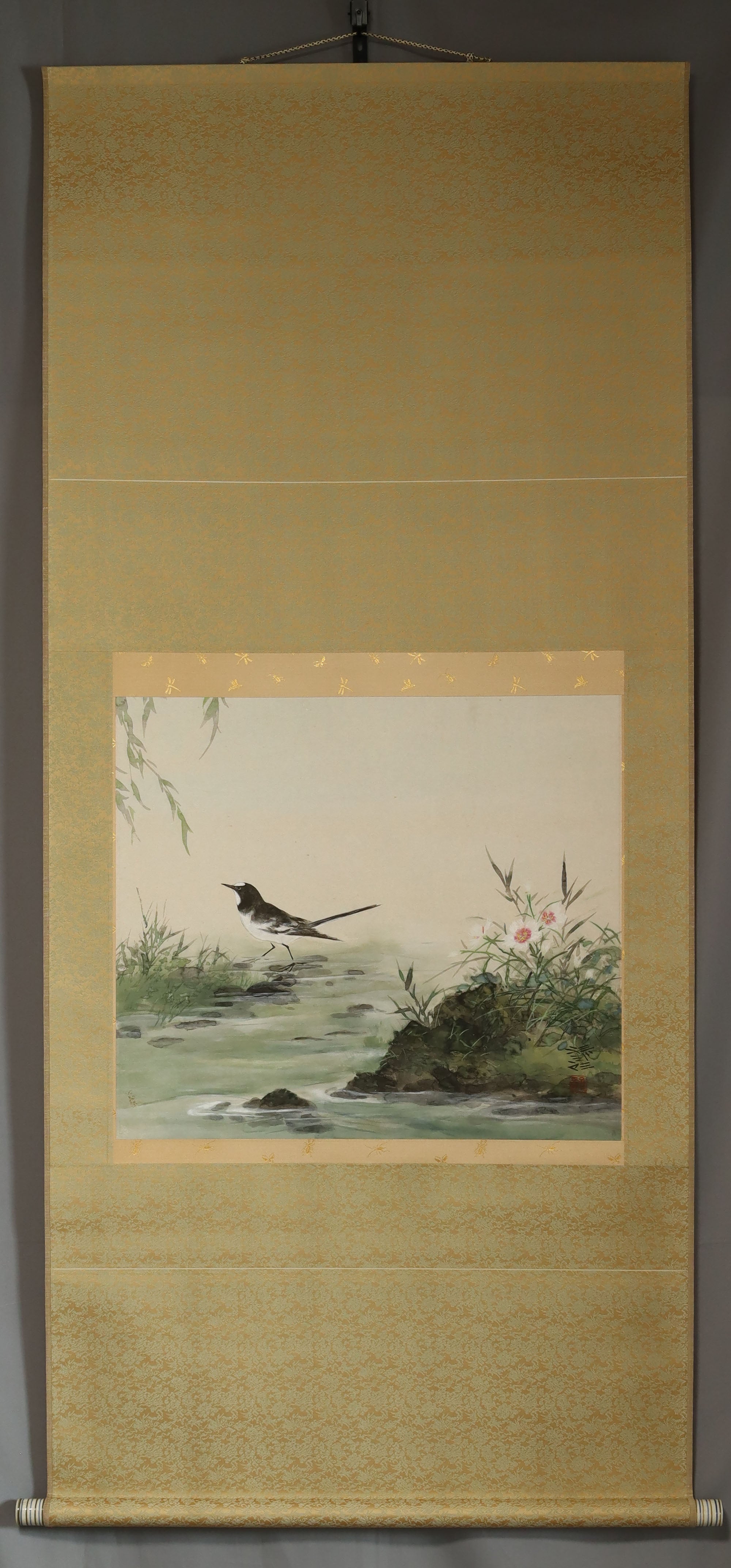 Oji Magosaburo(?-?),Wagtail and Dianthus (Pink), Japanese hanging scroll