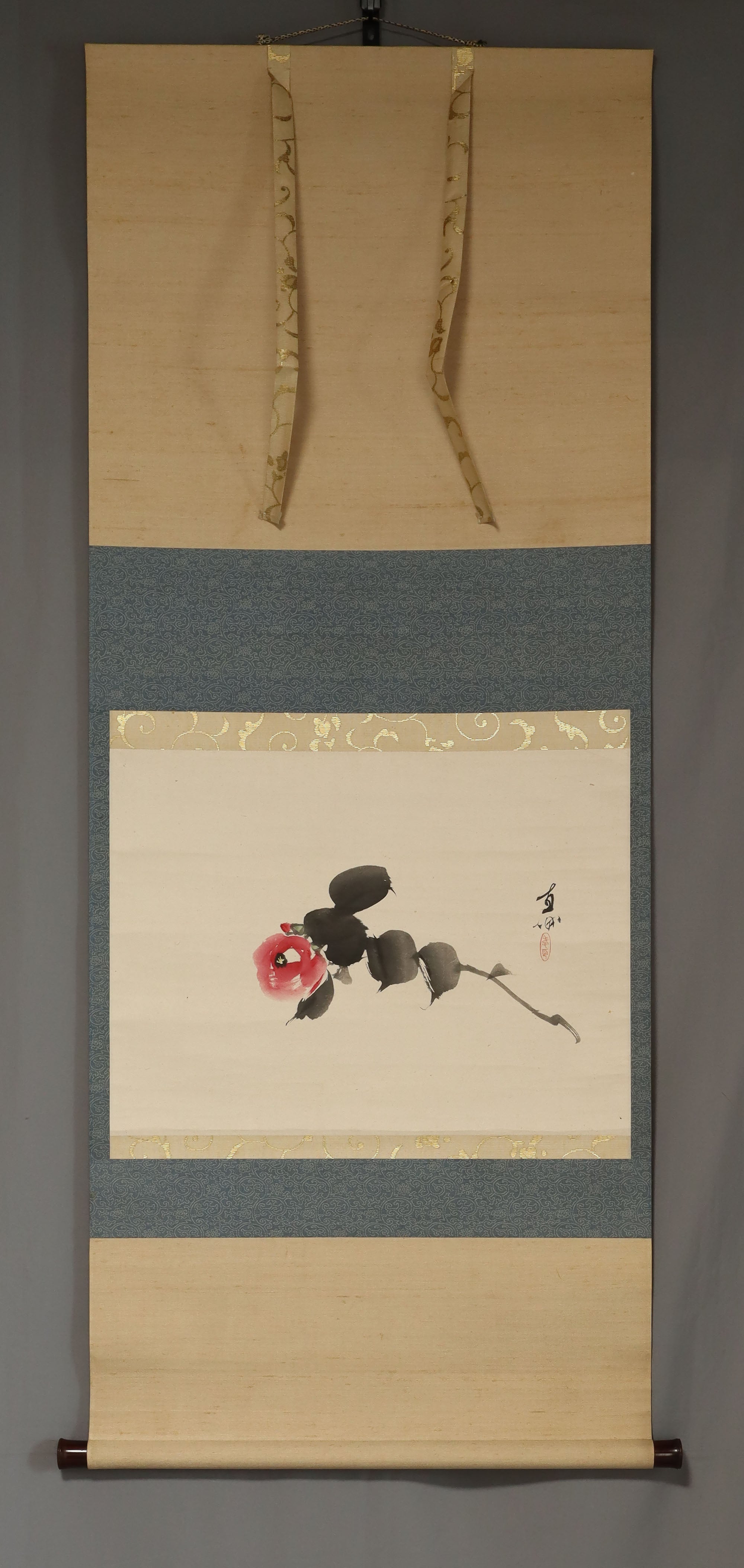 Fukada Chokujo (1861-1947),Camellia with a Broken Branch, Japanese hanging scroll
