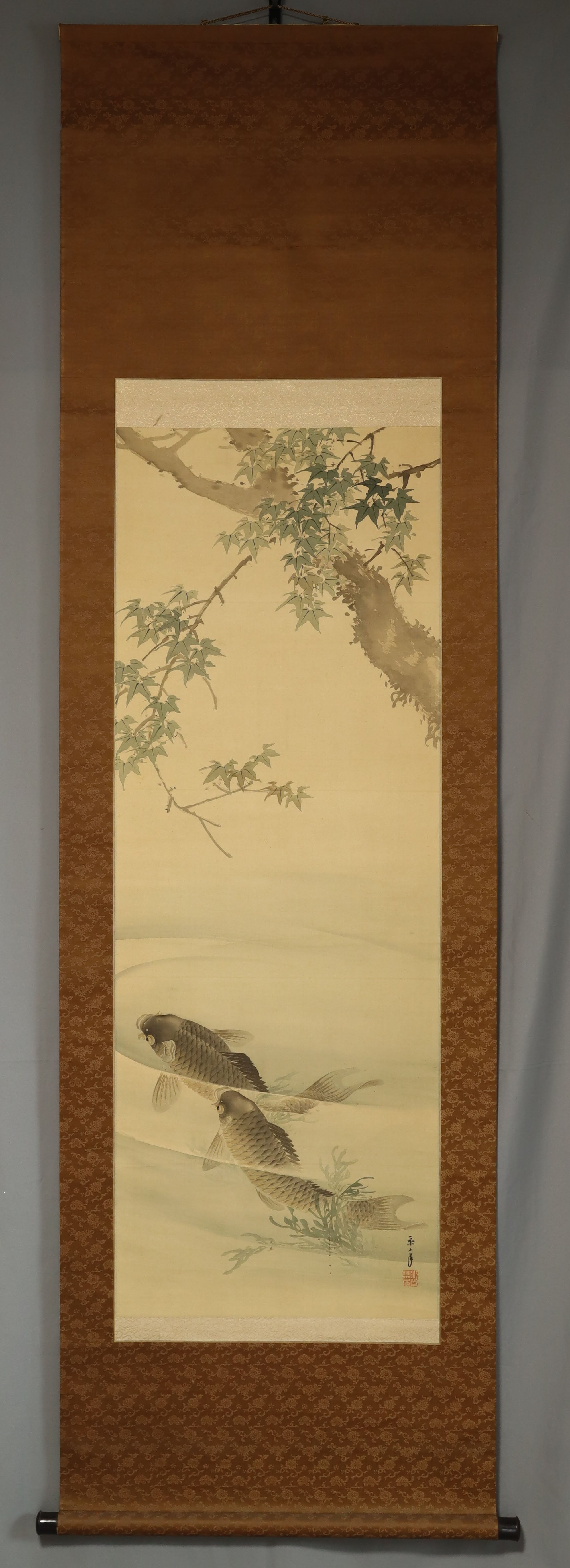Imao Keinen(1845-1924), Swimming Carp under Green Maple, Japanese hanging scroll