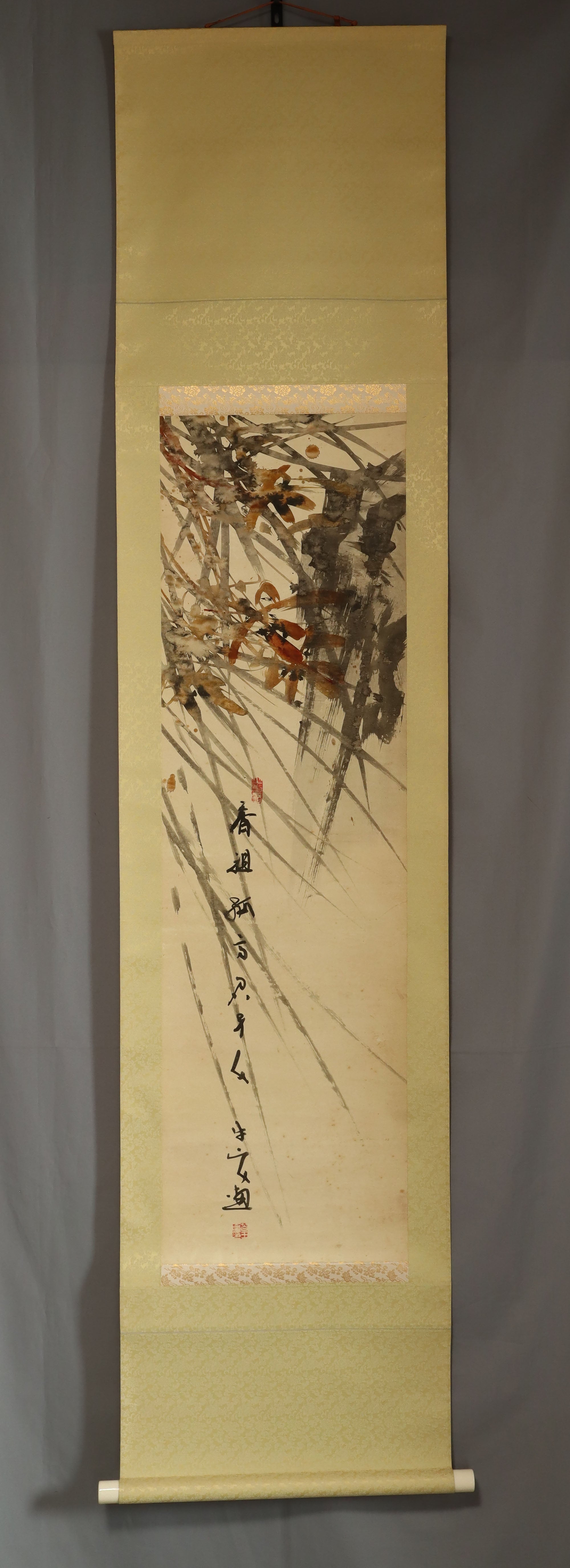 Takemura Gyujin (1901–1984), Orchids and a one-line poem, Japanese hanging scroll