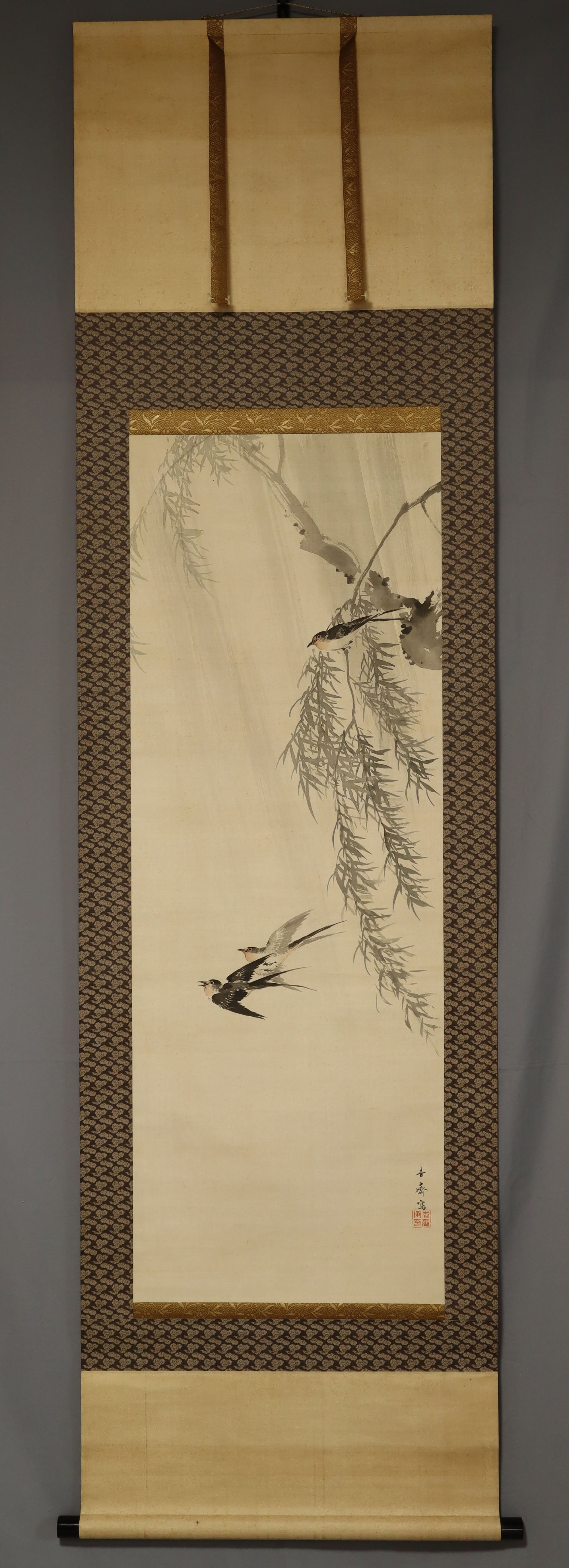 Oda Kyosai (1845-1912)  Willows and swallows in the rain, Meiji era , Japanese hanging scroll, kakejiku