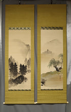 Load image into Gallery viewer, Hashimoto Ryoka (?-?), Ox on a Spring Embankment / Angler by a Summer Stream, Japanese hanging scroll, kakejiku
