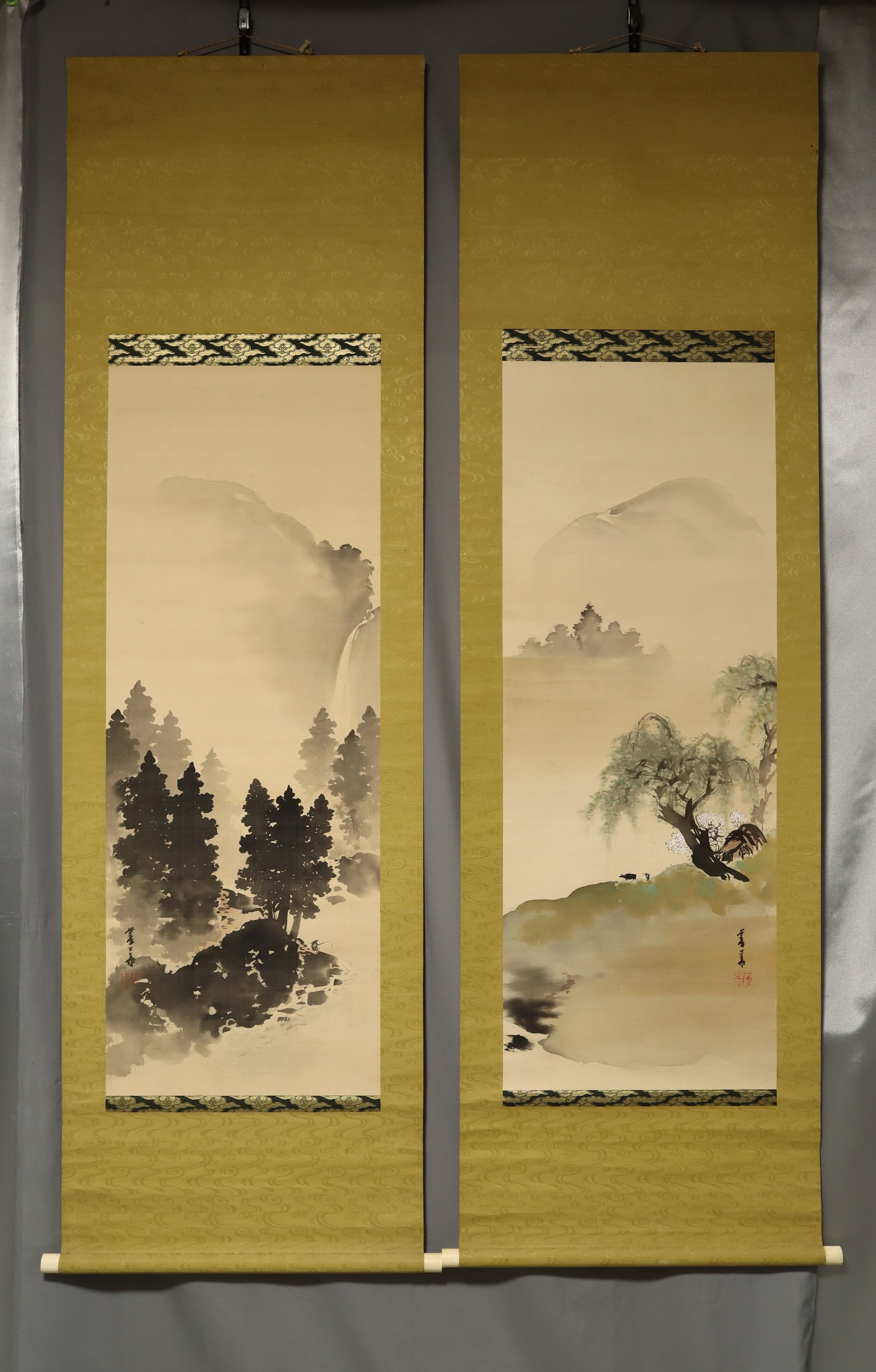 Hashimoto Ryoka (?-?), Ox on a Spring Embankment / Angler by a Summer Stream, Japanese hanging scroll, kakejiku