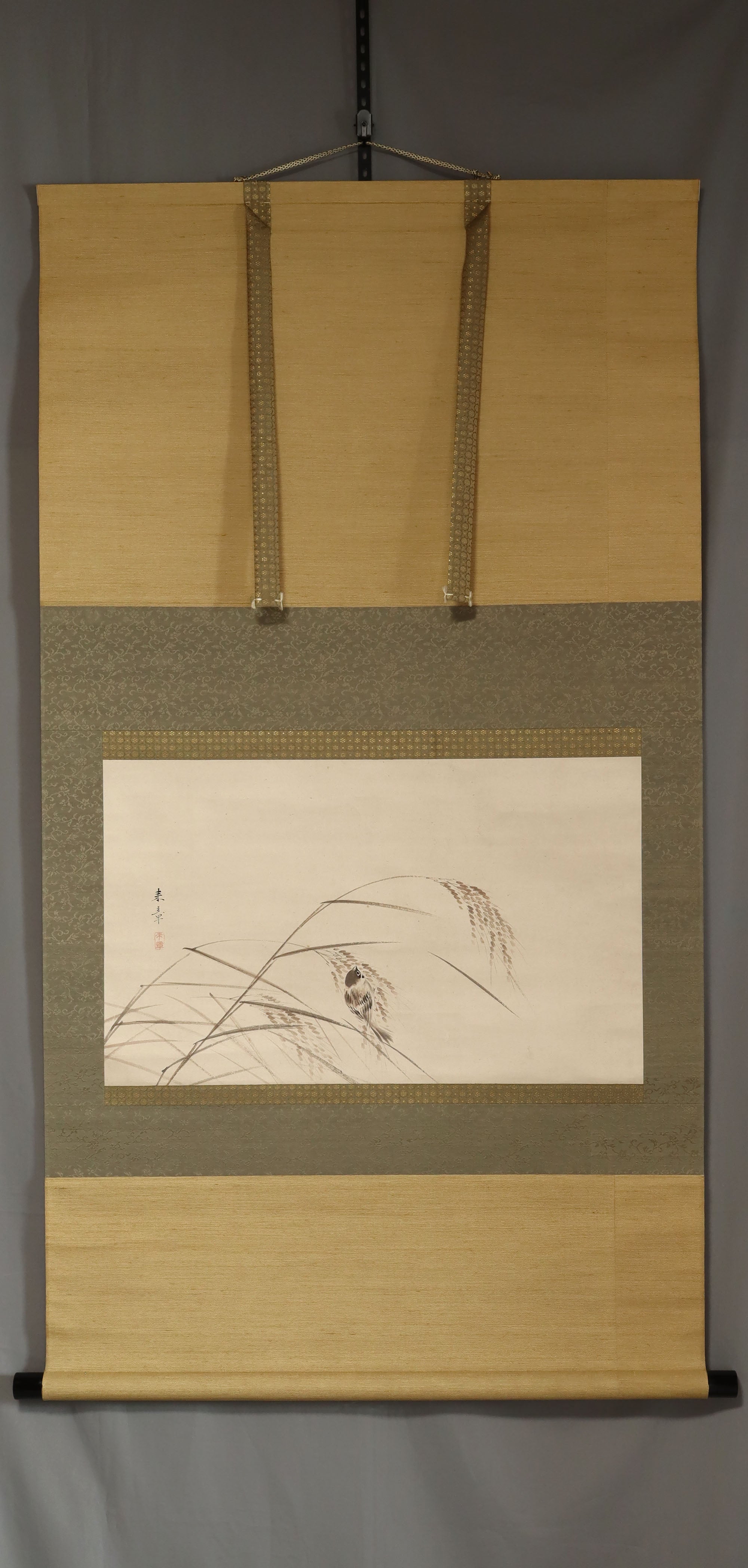Nakajima Raisho (1796-1871) , A Sparrow on Rice Ears, Japanese hanging scroll, kakejiku