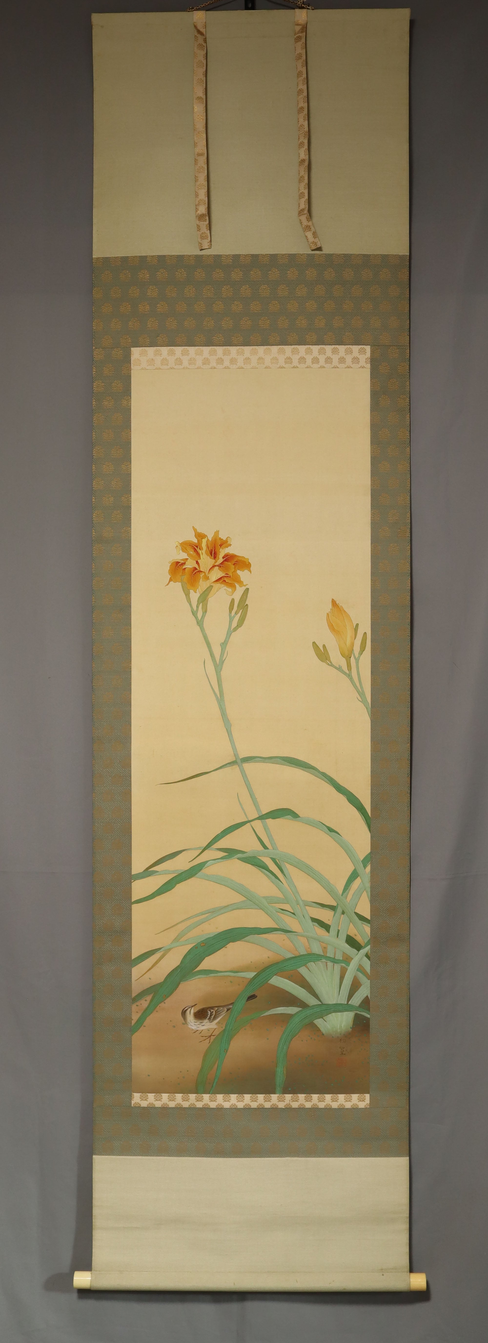 Uemura Shoko (1902-2001) ,Canna Lily and Little Bird, Japanese hanging scroll, kakejiku