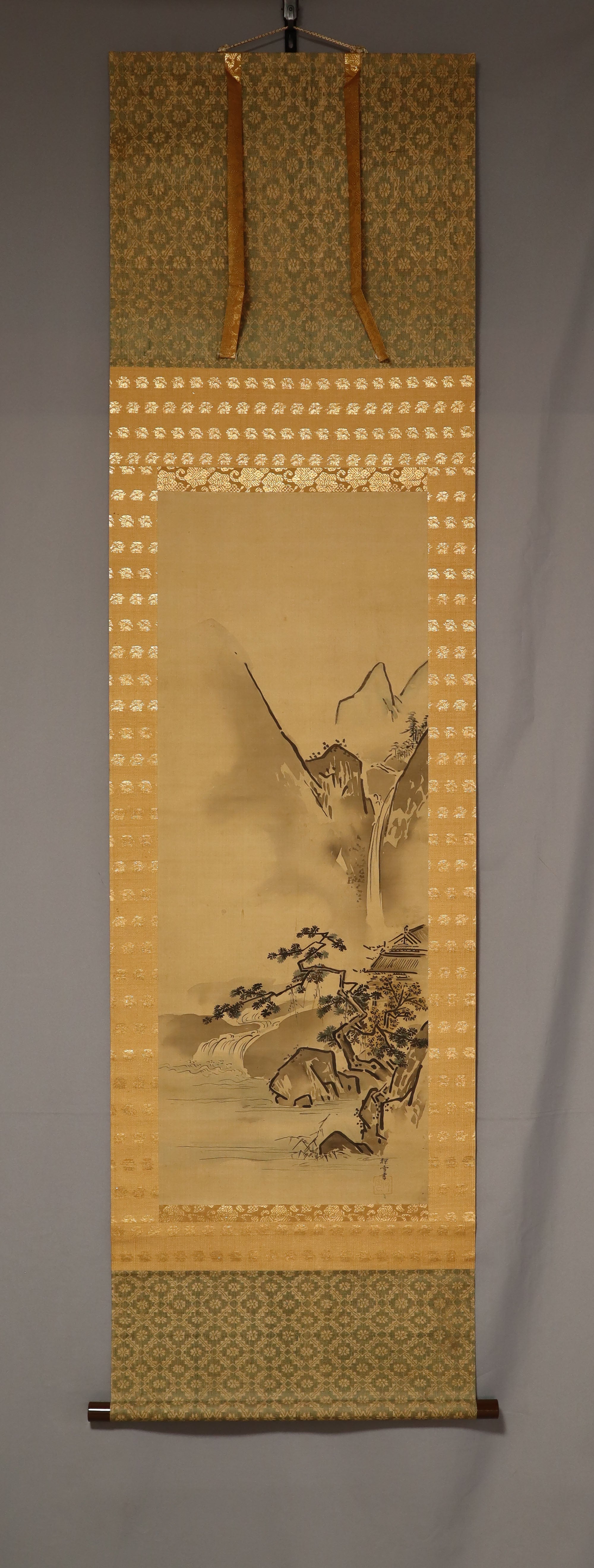 Kano Tansetsu  (?-?), Autumn landscape water (pine, maple, reed), Edo period, Japanese hanging scroll, kakejiku