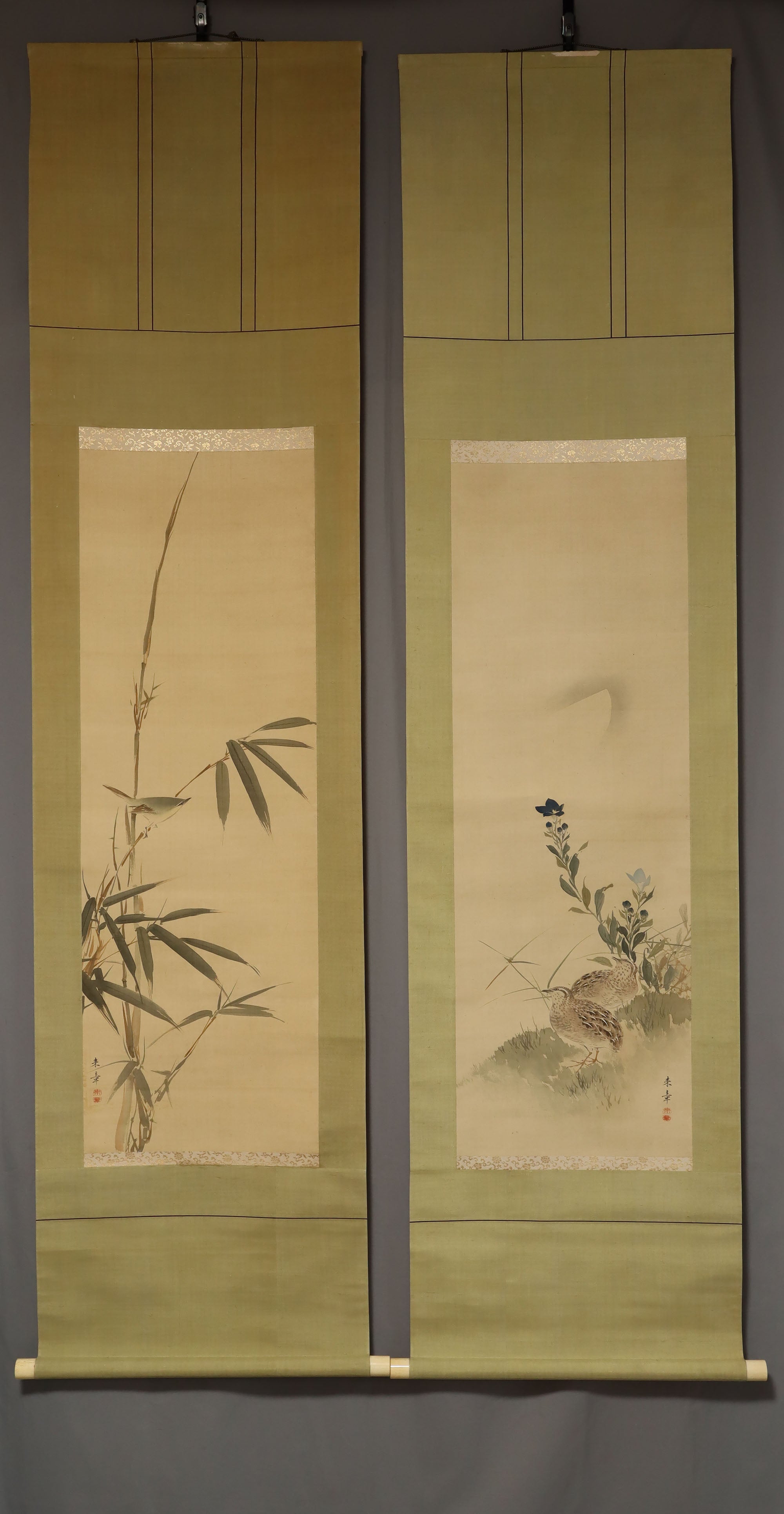 Nakajima Raisho (1796-1871) Bamboo and a Bush Warbler, Chinese Bellflower and Two Quails, Late Edo period-Meiji era, Japanese hanging scroll, kakejiku