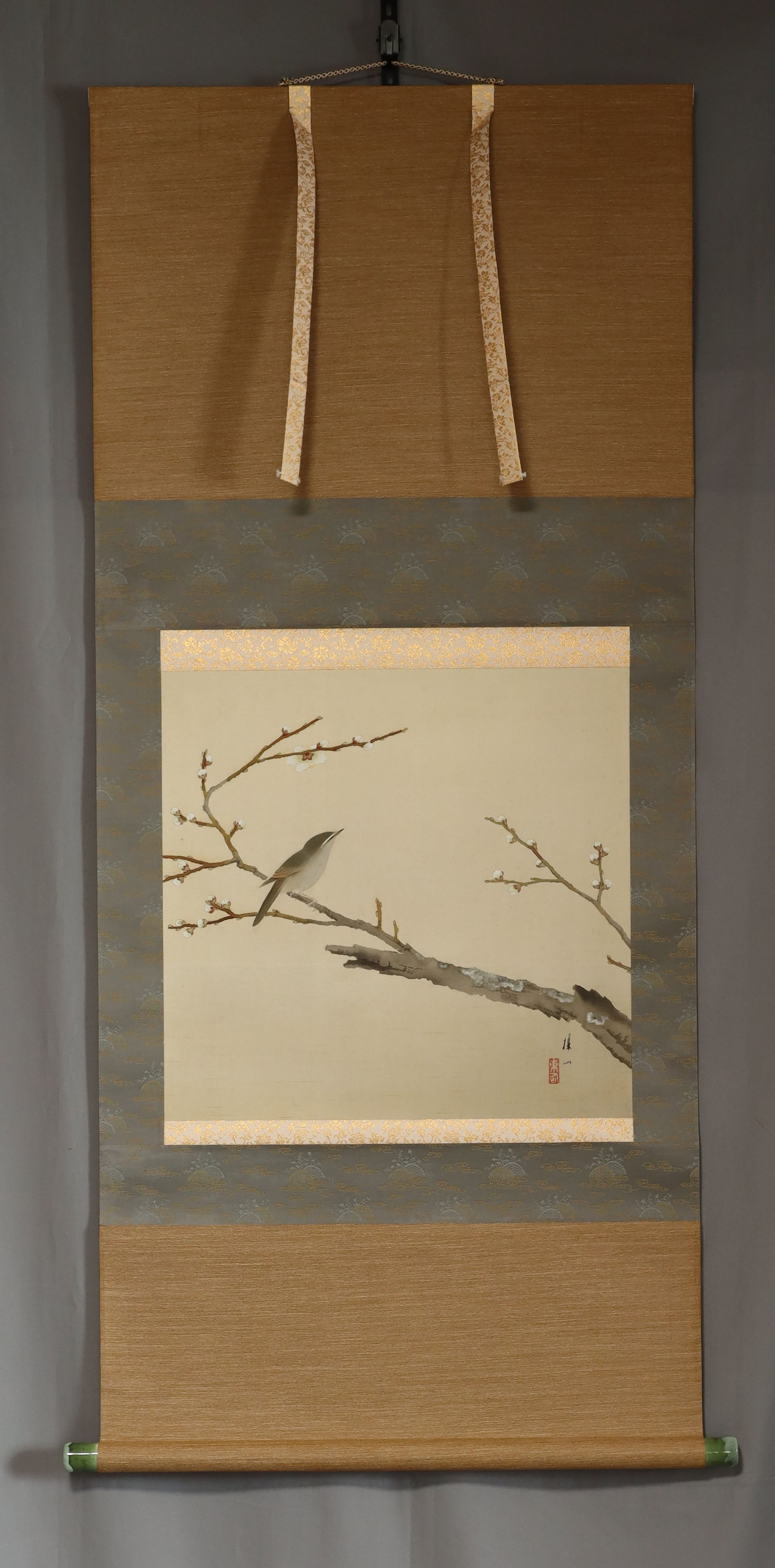Hirai Baisen(1889-1969), A White Plum Tree with a Japanese Bush Warbler, Japanese hanging scroll