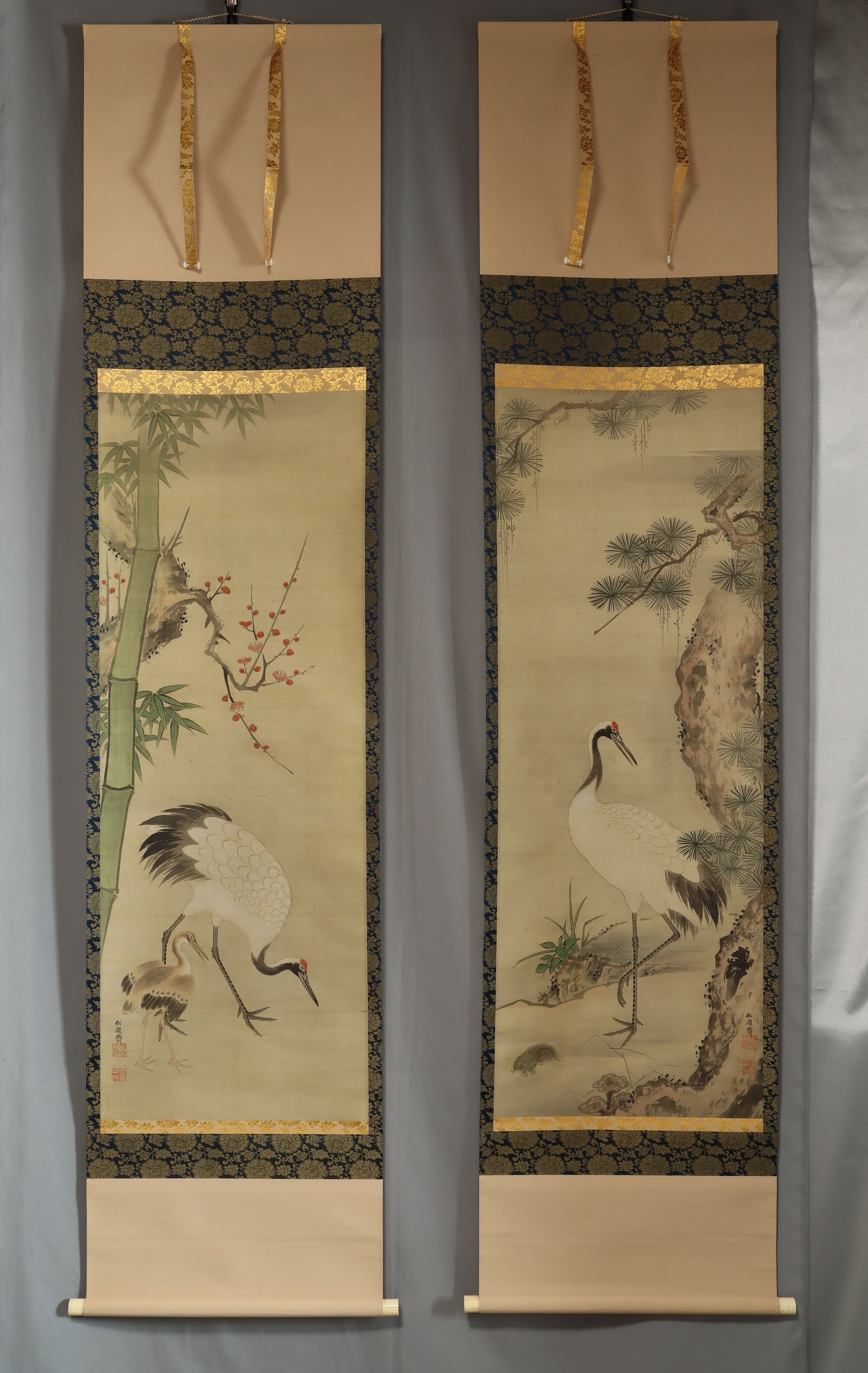 Shōreisai 松嶺斎 (?-?)  , Pine, Bamboo, Plum, Crane, Tortoise, and Lingzhi Mushroom, Japanese hanging scroll, Edo Period, kakejiku