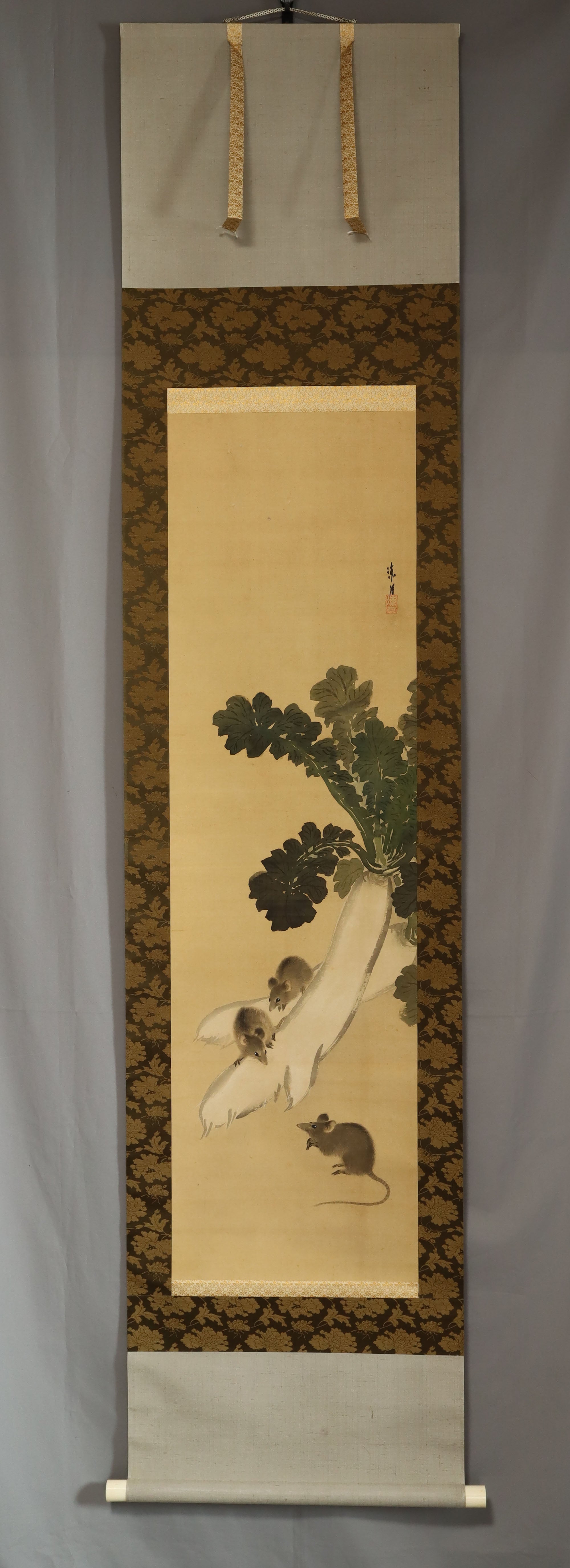 Geshi Togetsu (1880–1980), Rats and daikon radishes, Japanese hanging scroll