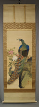 将图片加载到图库查看器，Hirai Chokusui  (1861-?) ,Peonies and Peacock, Japanese hanging scroll, kakejiku
