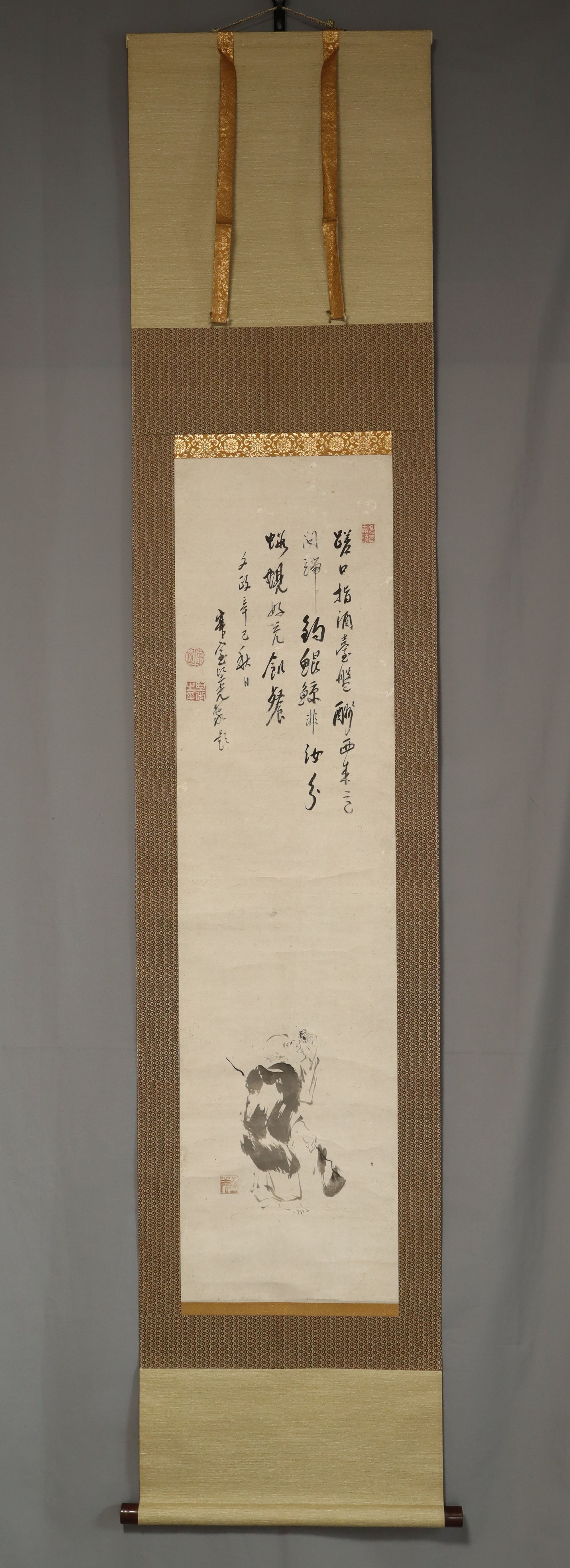 Jyakushitsu Kenko (1753–1830), Monk painting with inscription (inscription by Jyakushitsu Kenkō, artist unknown), Japanese hanging scroll, Late Edo period, 1821