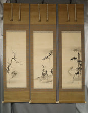 Load image into Gallery viewer, Kano Seisen’in Osanobu (1796‑1846) , Pine, Bamboo, Plum, Crane, Turtle, and Fukurokuju (God of Happiness, Wealth, and Longevity), Japanese hanging scroll, Edo Period, kakejiku
