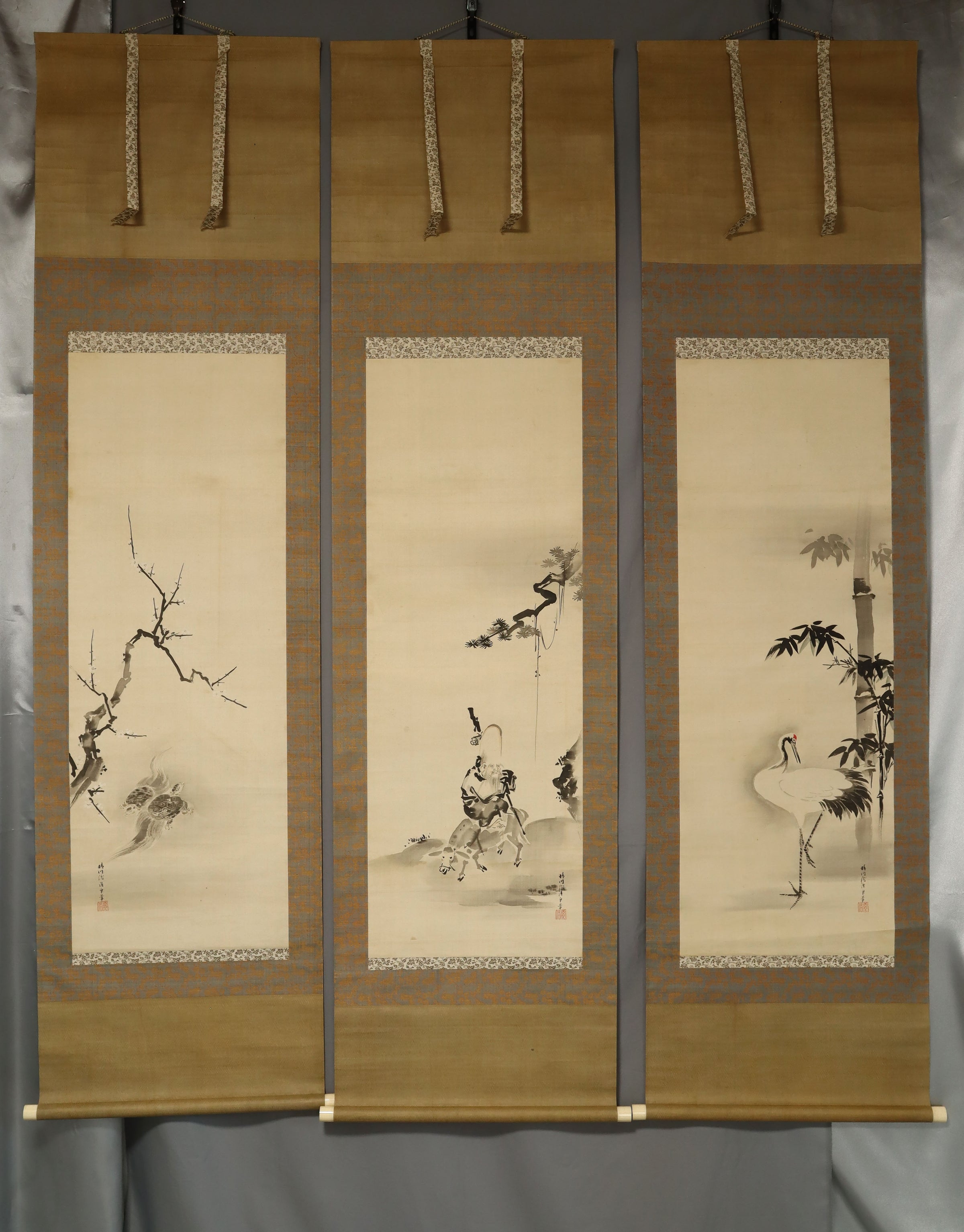 Kano Seisen’in Osanobu (1796‑1846) , Pine, Bamboo, Plum, Crane, Turtle, and Fukurokuju (God of Happiness, Wealth, and Longevity), Japanese hanging scroll, Edo Period, kakejiku
