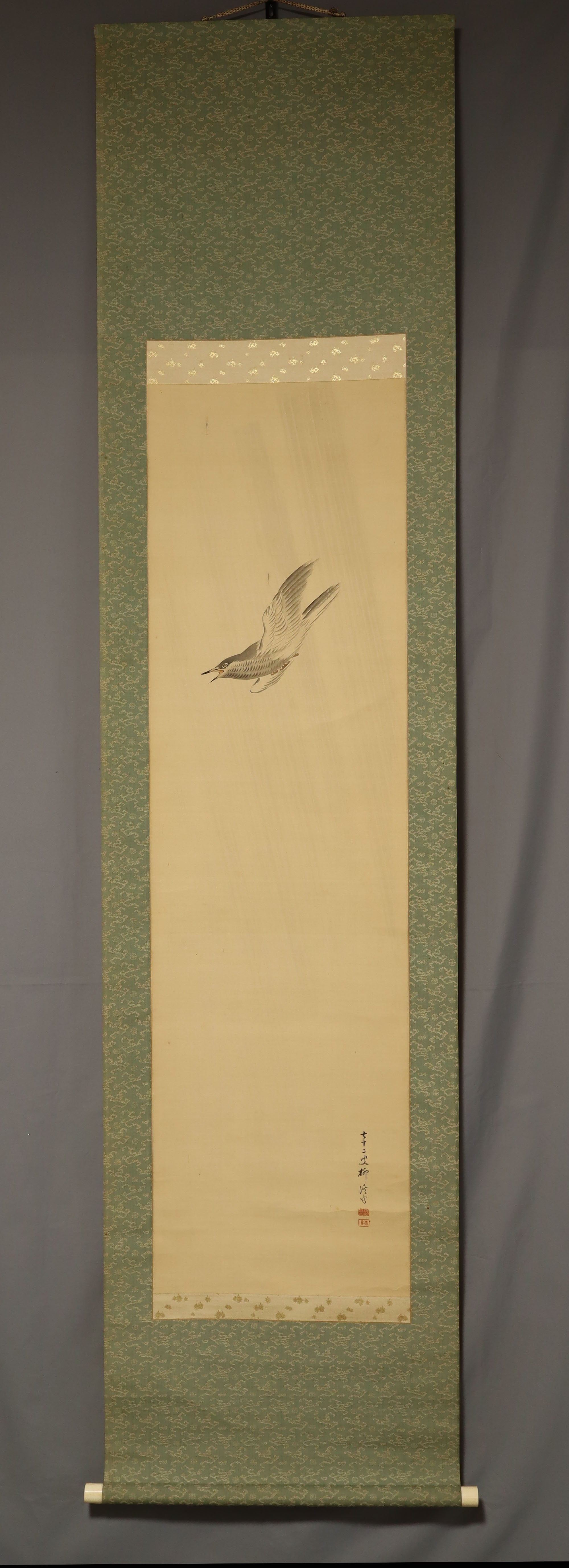 Kishinami Ryukei  (1854-1935), lesser cuckoo in the rain, Japanese hanging scroll, kakejiku