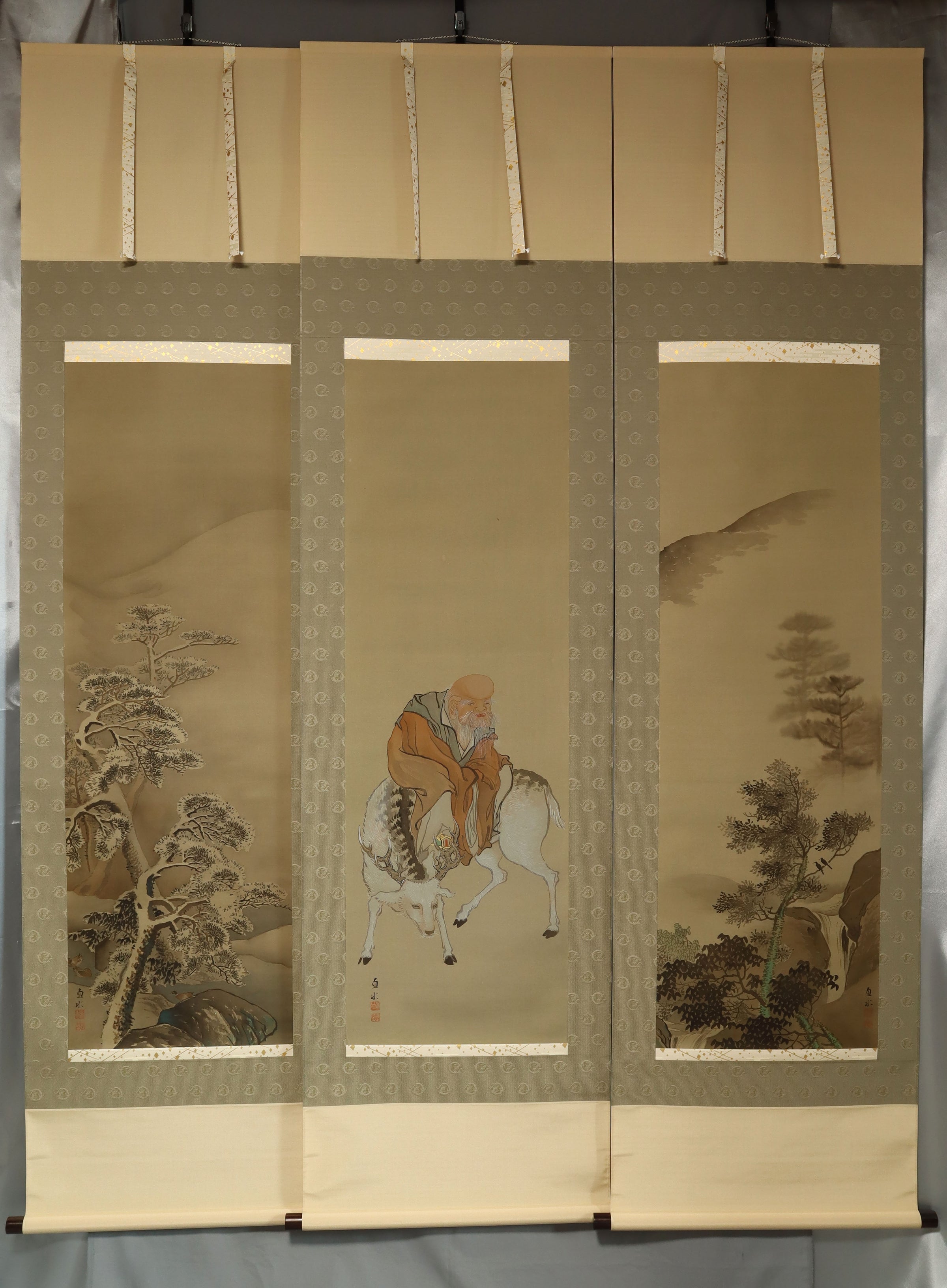 Hirai Chokusui (1861-?), Juroujin with Summer and Winter Landscapes, Japanese hanging scroll