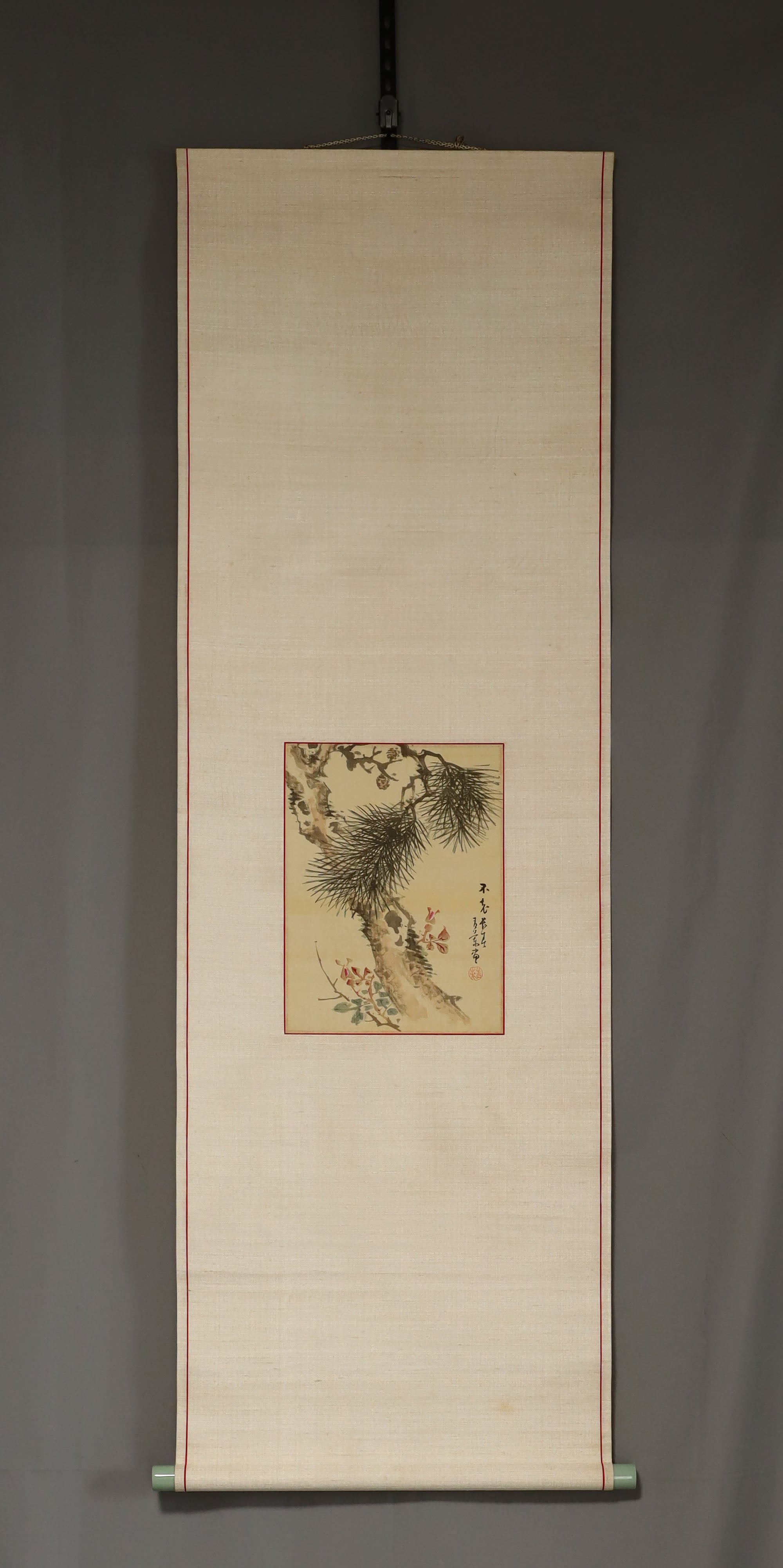 Kawabe Seiran (1868-1931), Pine and Rose, Japanese hanging scroll
