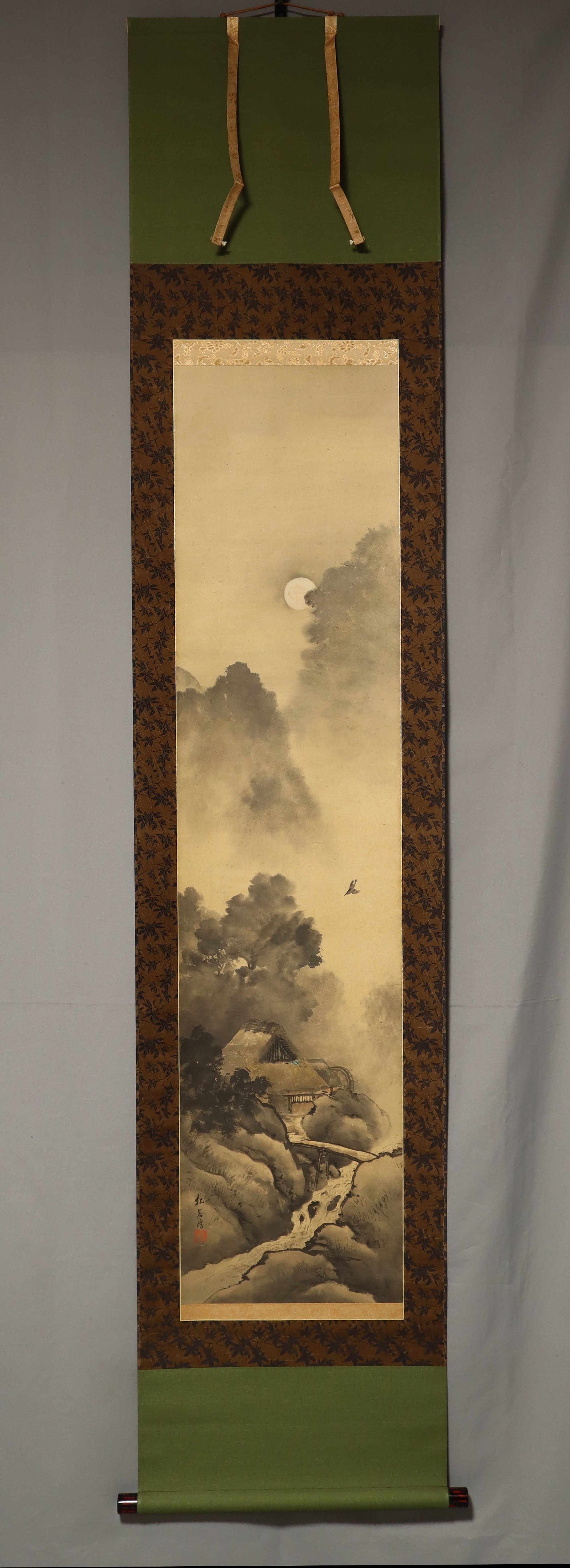 Obatake Shokoku大畠松谷 (1885-1942), A Rural House and a Cuckoo Under the Moon, Japanese hanging scroll, kakejiku