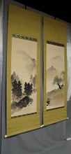 Load image into Gallery viewer, Hashimoto Ryoka (?-?), Ox on a Spring Embankment / Angler by a Summer Stream, Japanese hanging scroll, kakejiku
